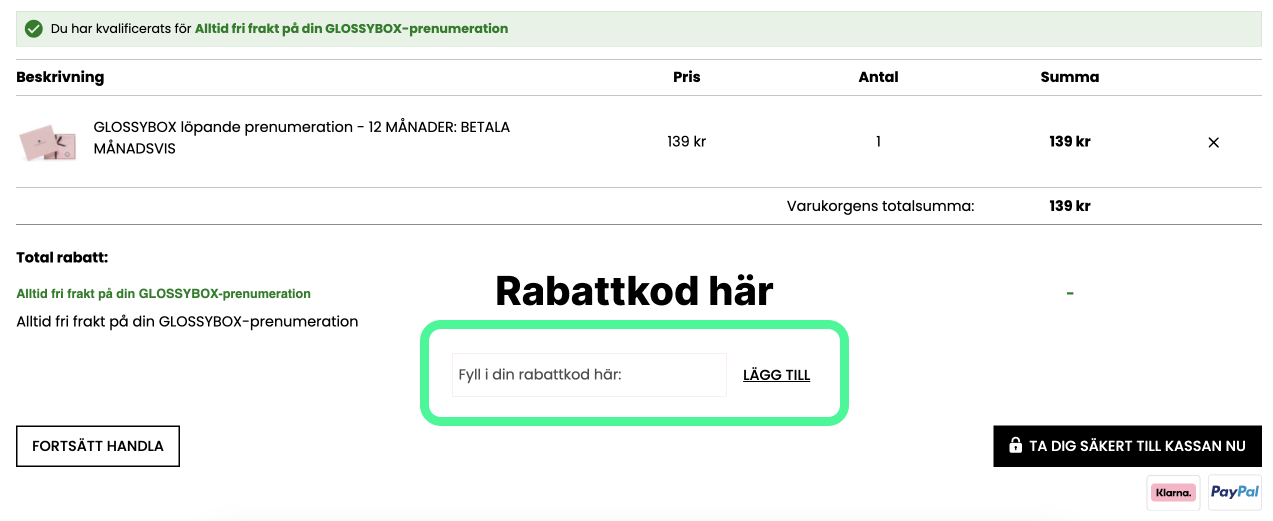 Här klistrar du in din GLOSSYBOX rabattkod på deras sida.